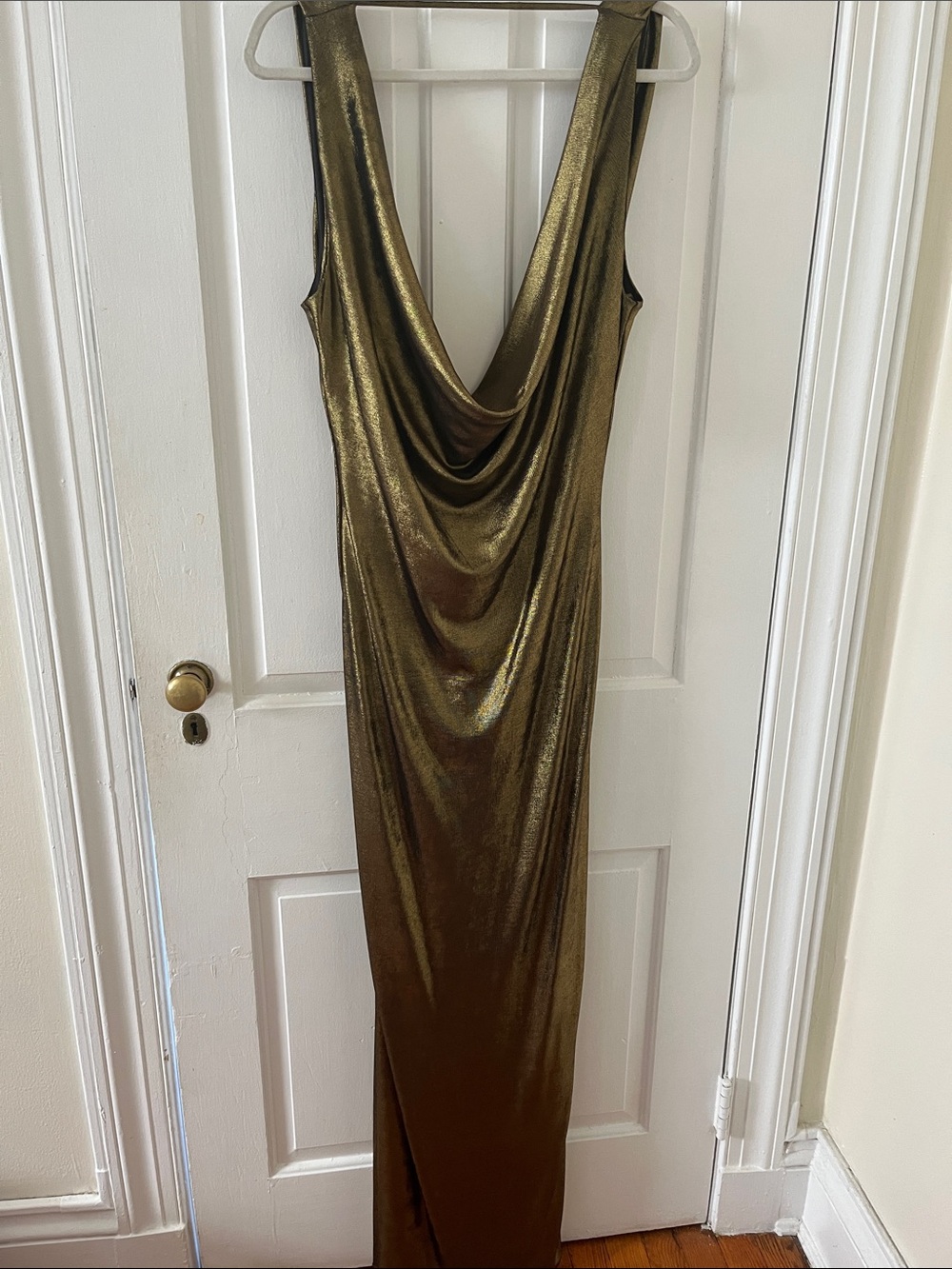JLUXLABEL Metallic Rose Gold Draped Neck Maxi Dress
